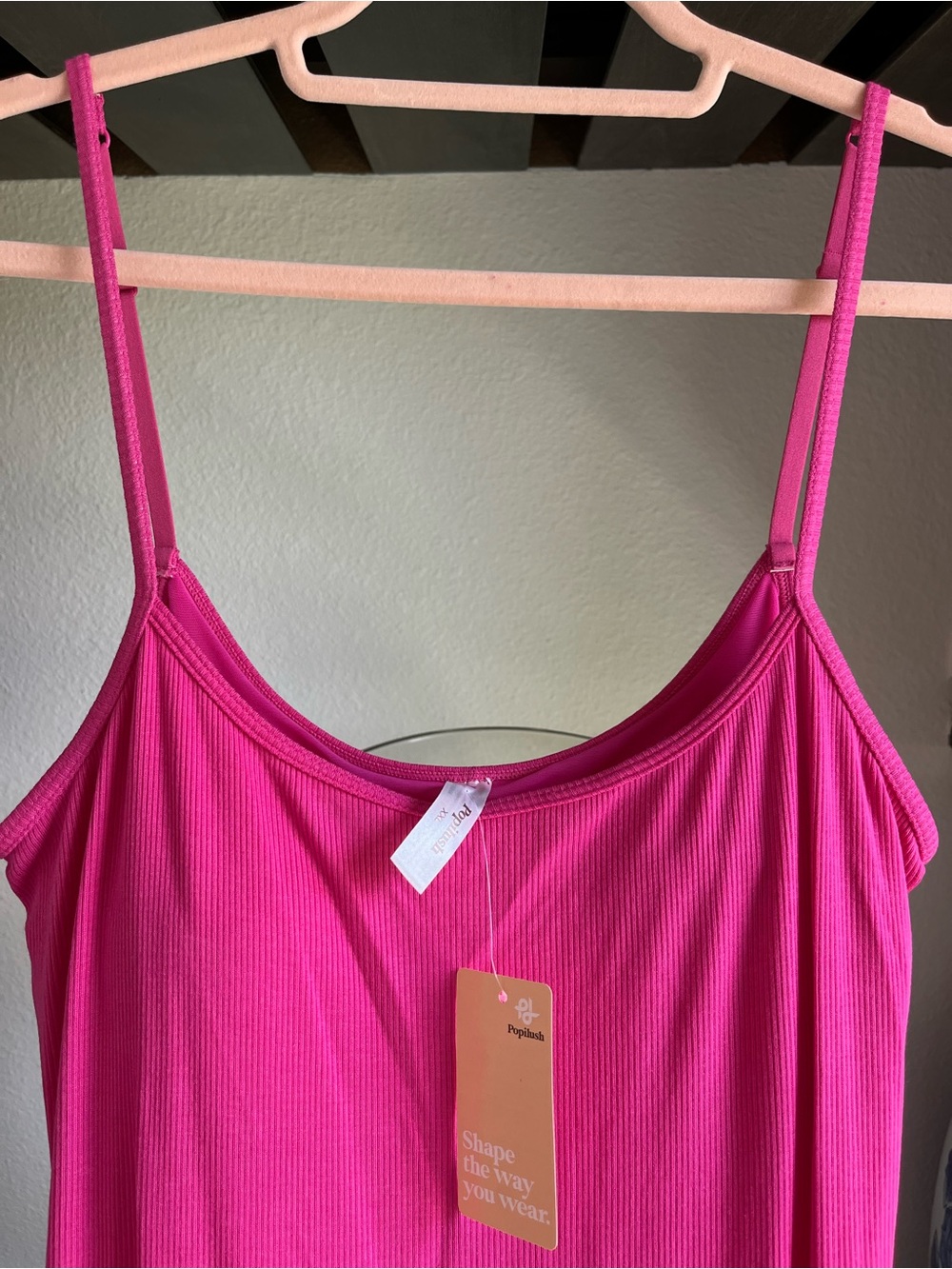 NWT,Bright Pink Ribbed Spaghetti Strap Tank Dress by Populish